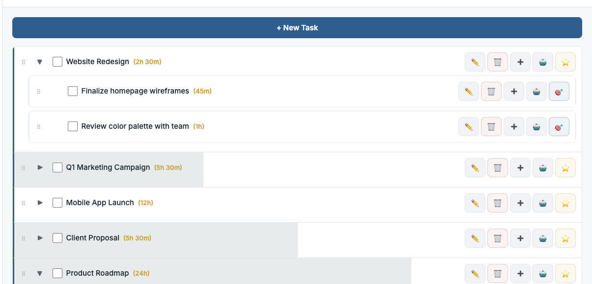 TaskFans Plan View - hierarchical task management with time estimates and subtasks